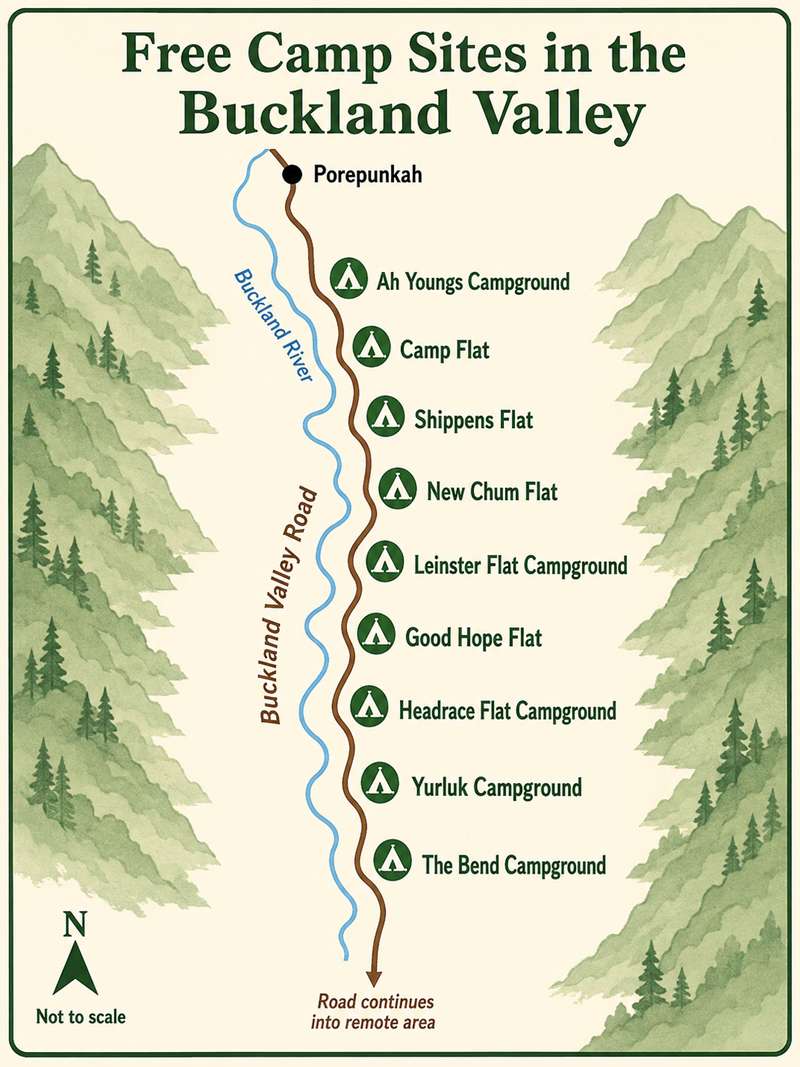 Free Camp Sites in the Buckland Valley Map